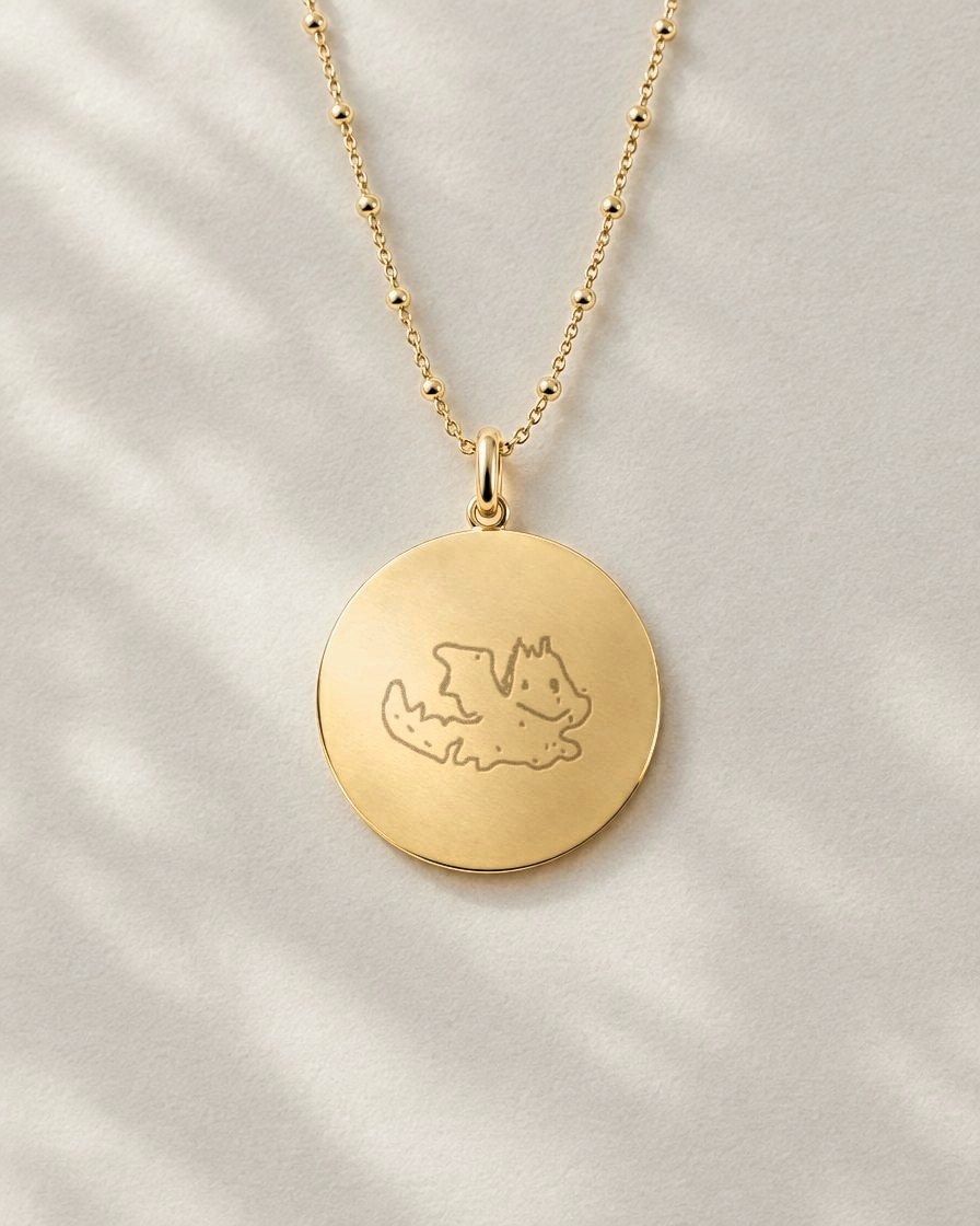 A drawing of a dragon engraved on a pendant