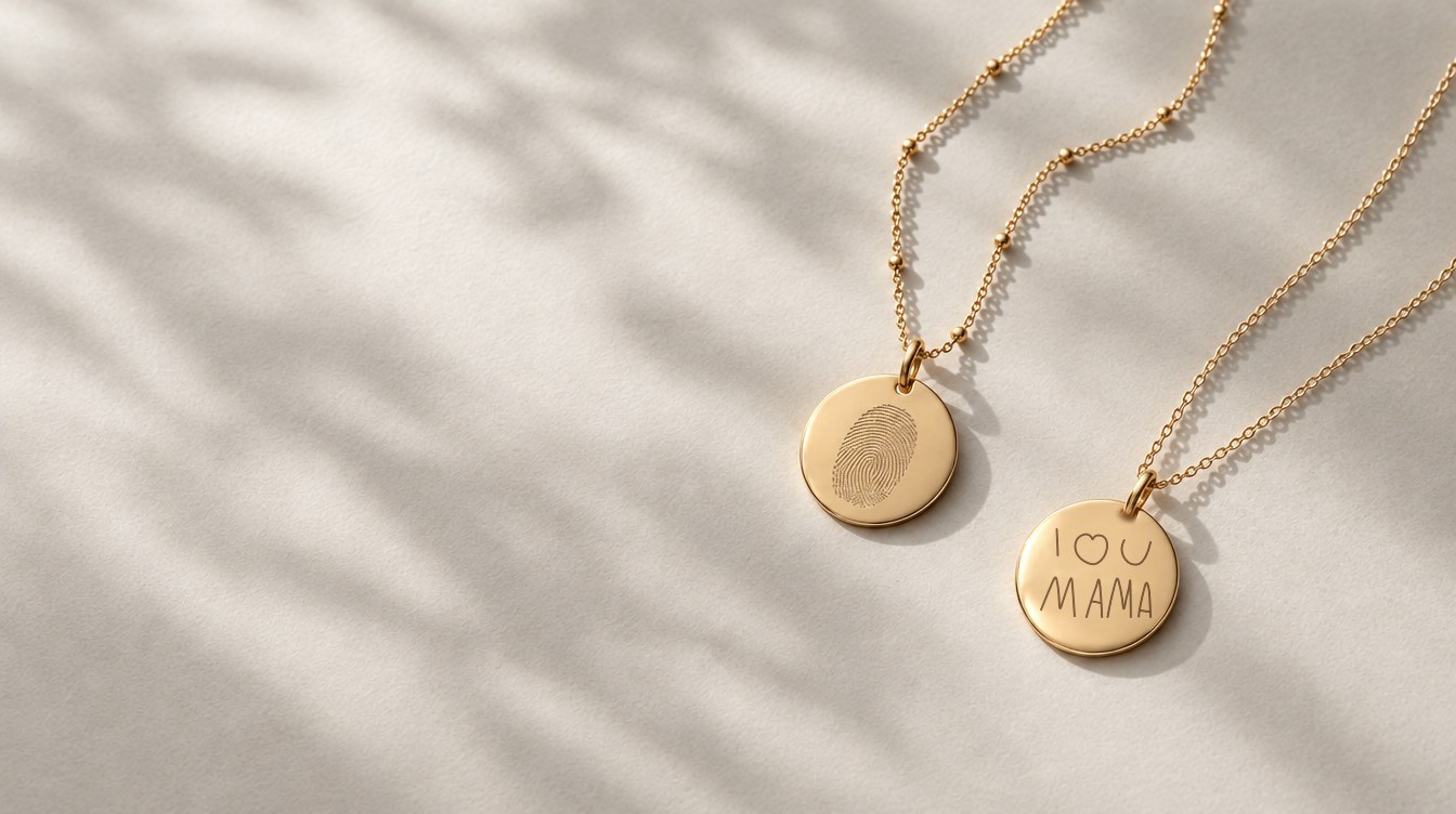 Two gold pendants in soft window light: one engraved with a fingerprint, one with a child's handwritten I love you, mama