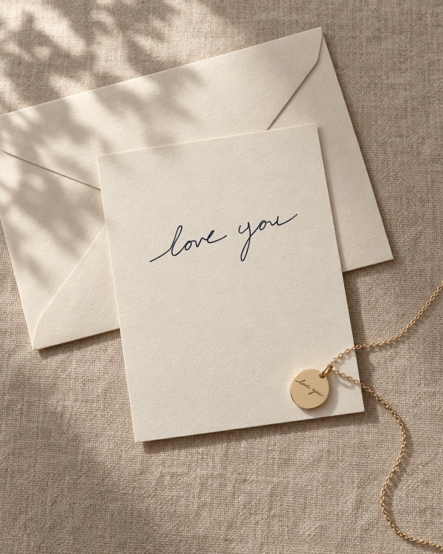 A note card on linen with love you written in pen, and a gold pendant engraved with the same handwriting resting on the card