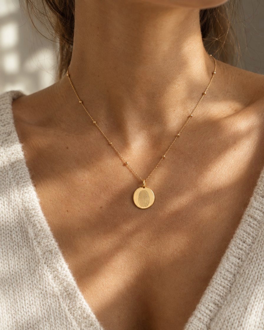 A woman wearing a thin gold fingerprint pendant